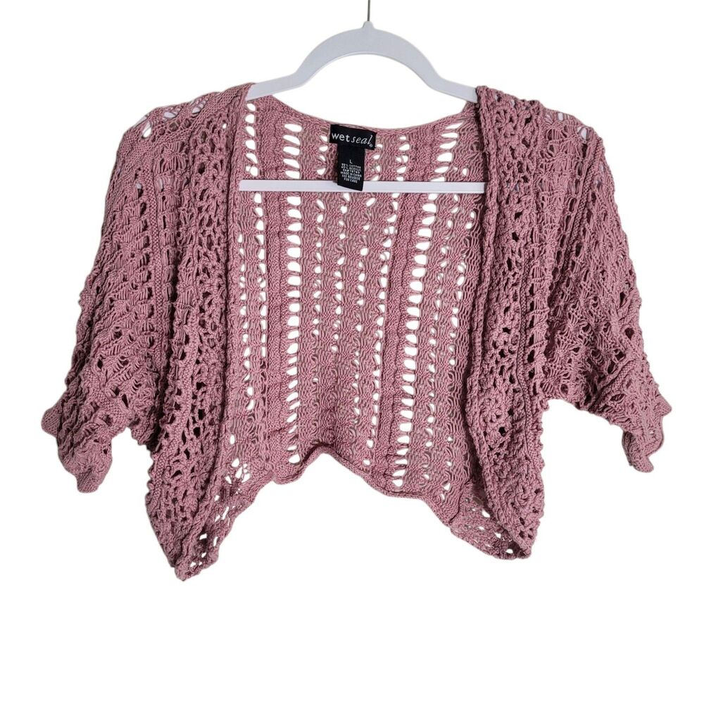 Wet Seal Y2K Crochet Boho Cardigan Sweater Women's Large Pink Open Knit Beach